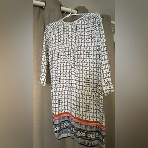 LOFT White Shift Dress with Navy Geometric Print